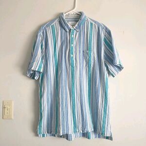 Onia Popover Shirt Mens XL/L*Blue Striped Linen Blend Short Sleeve Button Down